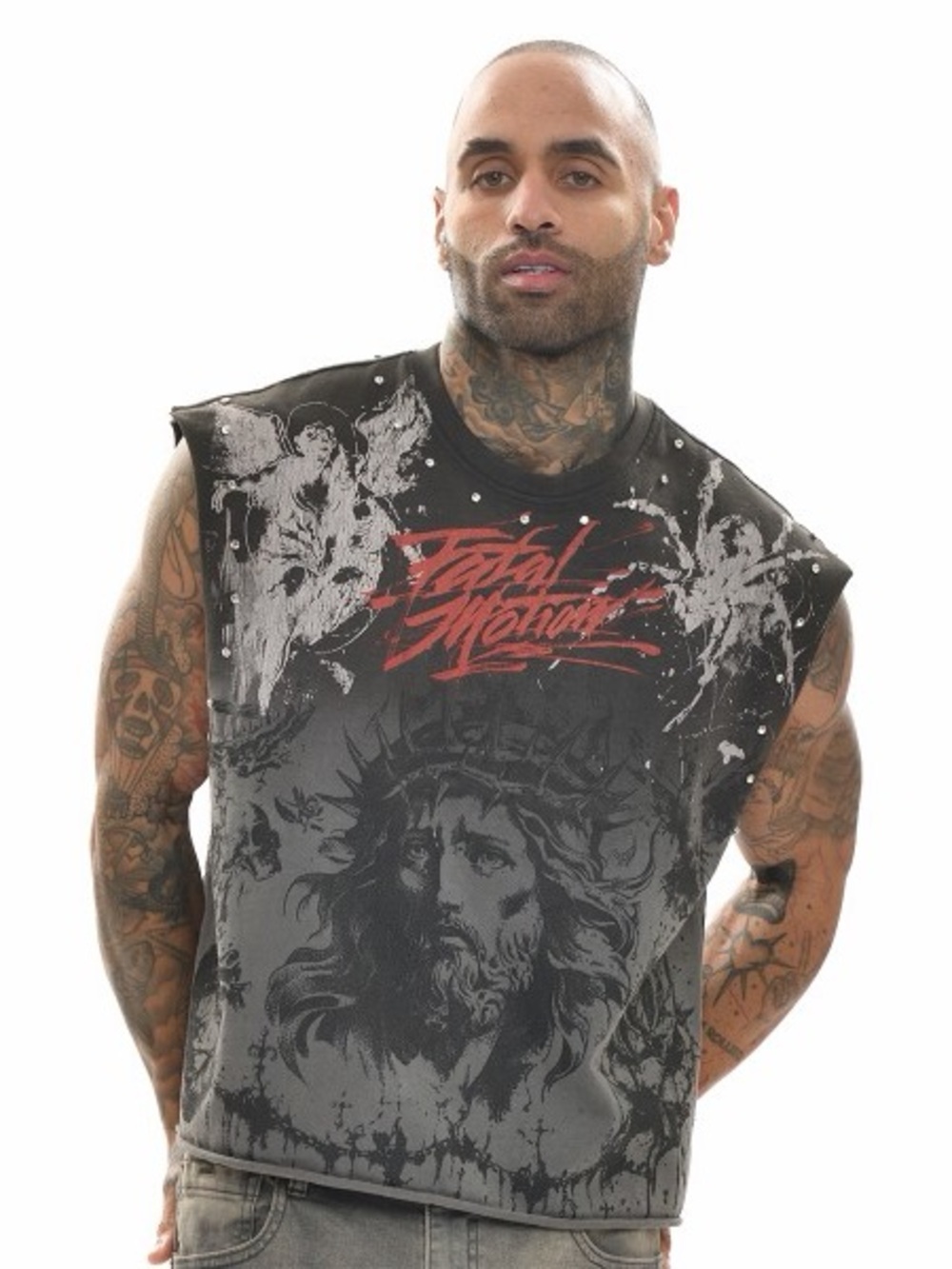 Sleeveless Graphic Tee - Black and Gray with Red Accent
